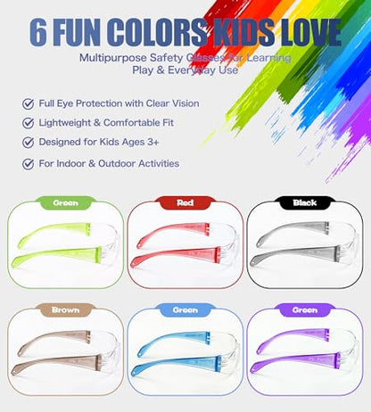 AnTools 6-Pack Kids Safety Glasses, ANSI Z87.1 & EN166 Certified Youth Protective Eyewear, Anti-Fog UV Protection, Scratch-Resistant, Lightweight for School, DIY & Outdoor Activities, Multicolor