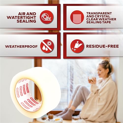 XFasten Transparent Window Weather Sealing Tape, 2-Inch x 30 Yards (50.8mm x 27.43m), Clear Window Draft Isolation Sealing Film Tape, No Residue - size: 2" x 30Yds
