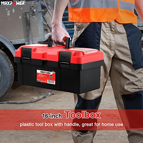 MAXPOWER Tool Box 16 inch, Plastic Small Tool Box with Latch and Removable Tray, Lockable Toolbox for Home - style: 16" red
