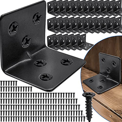 30PCS Black L Brackets for Shelves with 180PCS Screws, Goihgioh Stainless Steel Corner Braces for Wood Metal Small L Brackets, Heavy Duty Angle Brackets for Bed Table Leg Frame Cabinet - style: 30pcs