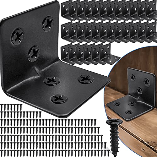 30PCS Black L Brackets for Shelves with 180PCS Screws, Goihgioh Stainless Steel Corner Braces for Wood Metal Small L Brackets, Heavy Duty Angle Brackets for Bed Table Leg Frame Cabinet - style: 30pcs