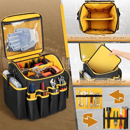 Marscamd Tool Bag with a Detachable Divider and Shoulder Strap, Heavy Duty Tool Tote with Multiple Pockets, Black