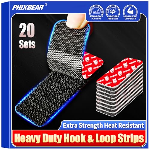 PHIXBEAR 20 Sets Super Adhesive Hook and Loop Strips Heavy Duty, Heat Resistant Waterproof, Outdoor or Indoor Use, Black 1.2x3.2 Inch - size: 1.2x3.2 Inch（20 Sets）
