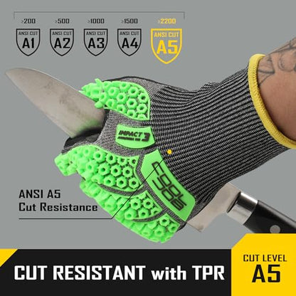 COOLJOB A5 Cut Resistant Gloves with Impact Resistant TPR, Touchscreen Nitrile Dipped Safety Work Gloves with Grip, 1/3 Pair - color: Green (1 Pair), size: Large
