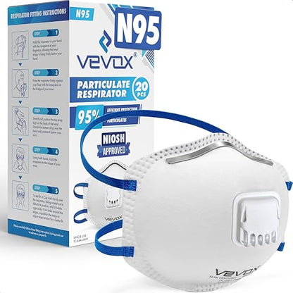 VEVOX™️ N95 Mask – NIOSH Approved – 10 or 20 Pack – Valved Particulate Respirator – Comfort-Plus Seal – Dust Mask for Adults - size: 10 Count (Pack of 1)