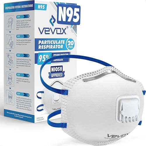 VEVOX™️ N95 Mask – NIOSH Approved – 10 or 20 Pack – Valved Particulate Respirator – Comfort-Plus Seal – Dust Mask for Adults - size: 10 Count (Pack of 1)