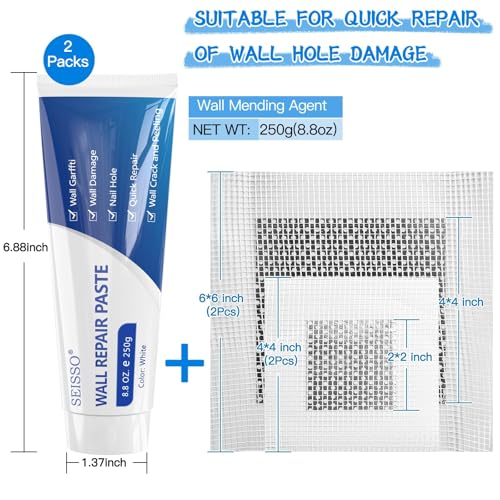 Wall Repair Paste Kit, 2x250g Wall Mending Agent with Wall Repair Patch*4 and Scraper, Spackle Drywall Repair Kit for Hole Filler, Effective Repair of Scratches, Holes, Cracks and Wall Graffiti - color: 2pcs paste with 4 patches