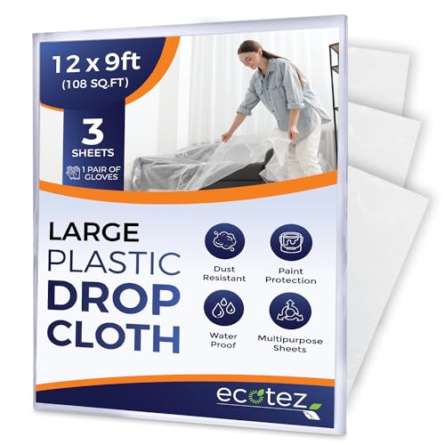 3 Pack 12 x 9 ft Extra Large Plastic Drop Cloth for Painting - Light & Durable Tarp Cover for Furniture - Plastic Clear Tarp Waterproof - Paint Floor Covering - Painters Drop Cloth Sheeting - size: 3 Pack