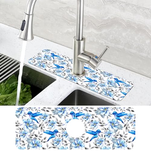 Blue Floral and Hummingbird Dish Drying Mat for Kitchen Sink Splash Guard Behind Faucet Sink Mat Absorbent Fast Drying Faucet Draining Mat for Bathroom Kitchen 5.5"×15" - size: 15" x 5.5"