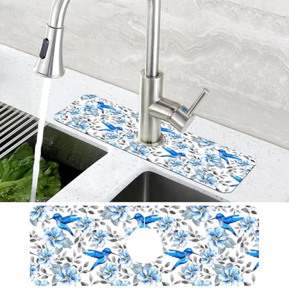 Blue Floral and Hummingbird Dish Drying Mat for Kitchen Sink Splash Guard Behind Faucet Sink Mat Absorbent Fast Drying Faucet Draining Mat for Bathroom Kitchen 5.5"×15" - size: 15" x 5.5"