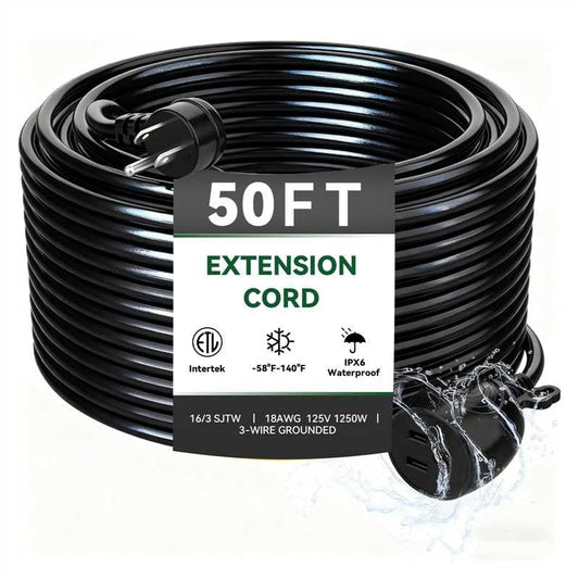 Blackcow Outdoor Power Extension Cord,50 Ft,IPX6 Waterproof, Cold Weather & Fireproof, Heavy Duty 3 Prong Cable,18AWG 125V 10A,FCC/ETL Certified for Outdoor/Indoor Use - size: 50FT