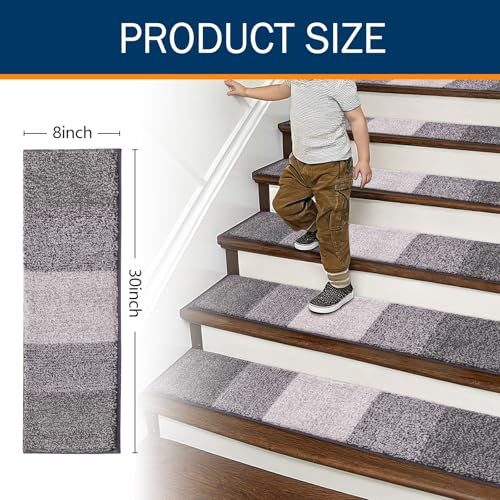 OLANLY Stair Treads Non Slip 15PCS, 8" x 30" Indoor Stair Runners for Wooden Steps, Edging Stair Rugs with Reusable Peel and Stick Adhesive for Kids Elders and Pets, Light Grey - color: Light Grey