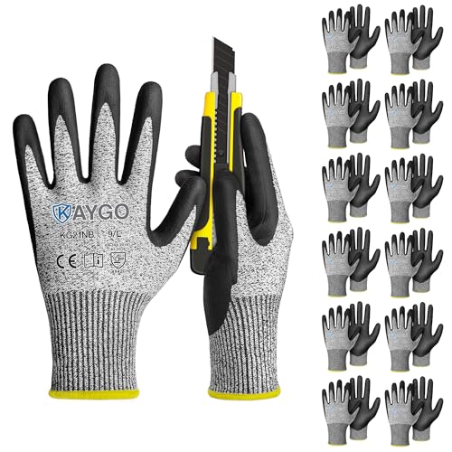 KAYGO 12 Pairs Cut Resistant Work Gloves for Men and Women,ANSI A3 Cutting Gloves,Nitrile Micro-Foam Safety Work Gloves KG21NB,Ideal for Wood Carving,Glass Handling, Construction,Fishing,Grey,L - color: Grey, size: Large (Pack of 12)