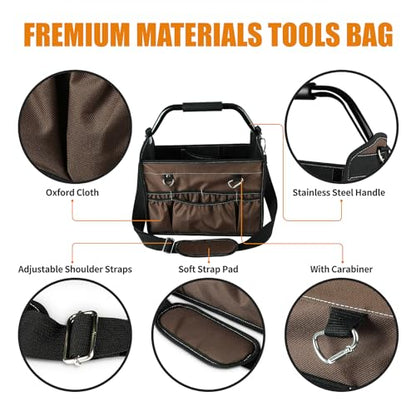 KUNLUN 17-Inch Open Top Tool Bag, Electrician Tool Bag, Tool Tote Bag Organizer for Easy Tool Access, 33 Pockets Foldable Tool Carrier with Rotating Steel Handle and Removable Shoulder Strap, Brown