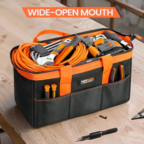 Tool Bag, Large Tool Organizer Bag with 18 Pockets,15.7x 11.4x 9.8 inch, Heavy Duty 600D Fabric, Black and Orange - size: 14.2inch