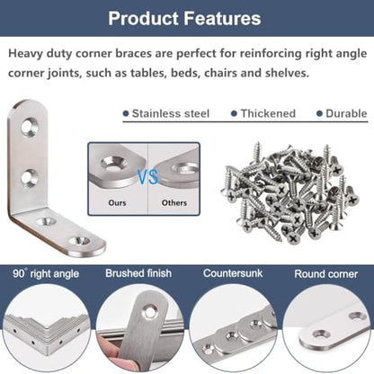 10 Pcs L Bracket Corner Braces 2 Inch Heavy Duty Stainless Steel Corner Brackets for Wood Shelves, 90 Degree Right Angle Joint Support Brackets with Screws - size: 10PCS-Silver 45*45mm/ 1.8in