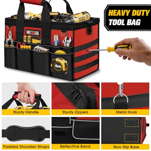 16-Inch Heavy Duty Tool Bag, 19-Pockets Tool Box Organizer, Portable Toolbag W/Soft Handle for Organized Storage, Mechanic Gifts for Men Dad Husband Fathers Day, Wide Mouth Electrician Toolbox, Red - style: Handle-Red