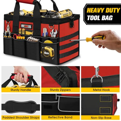 16-Inch Heavy Duty Tool Bag, 19-Pockets Tool Box Organizer, Portable Toolbag W/Soft Handle for Organized Storage, Mechanic Gifts for Men Dad Husband Fathers Day, Wide Mouth Electrician Toolbox, Red - style: Handle-Red