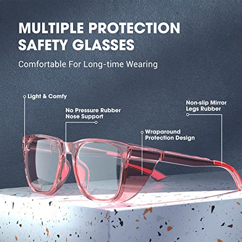 DILANCO Clear Safety Glasses Goggles With Side Shields for Women Men,Fog & Scratch-Resistant Complete UV Protection Eyewear - color: Pink