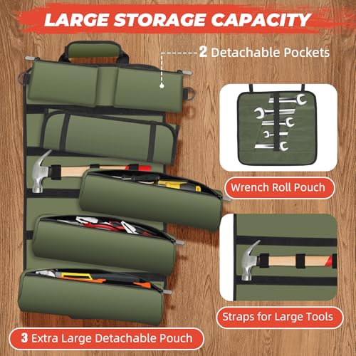 Tool Roll Up Bag, Gifts for Him Men Dad Husband Boyfriend Fathers Day, 1680D Portable Tool Storage for Men, Heavy Duty Tool Organizer with Detachable Pouches&Wrench Roll for Mechanic - style: Roll-1680D-Green