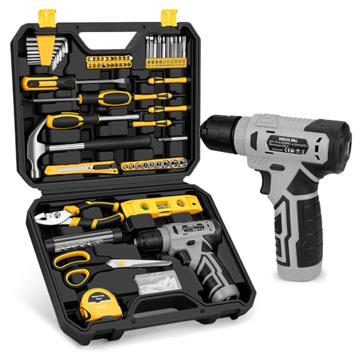139-Piece Tool Set - Tool Kit with 8V Cordless Drill Driver in ToolBox Storage Case, General Household Drill Set for Home Repairs, Handyman, DIY Projects - color: Yellow