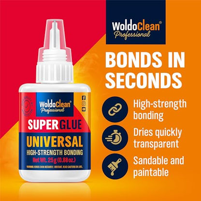 WoldoClean Super Glue All-Purpose Liquid 25g - Fast Drying Clear CA Adhesive for Metal, Plastic, Wood, Ceramic, Glass & DIY Repairs