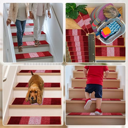 OLANLY Stair Treads Non Slip 15PCS, 8" x 30" Indoor Stair Runners for Wooden Steps, Edging Stair Rugs with Reusable Peel and Stick Adhesive for Kids Elders and Pets, Burgundy - color: Burgundy