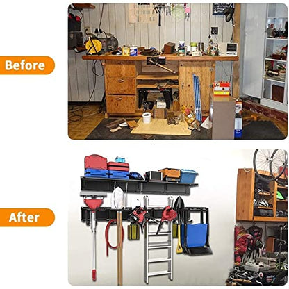 TORACK Garage Storage Organizer Systems, Wall Mount Overhead shelving, 48 inch Heavy Duty Steel Tool Racks, 6-Pack 12'' Double Hooks, 48 inch by 7 inch Floating Shelves, up to 1200Ibs - size: Upgraded Metal Rack