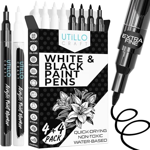 Utillo Craft Black and White Paint Pens (8-Pack) Extra Fine Paint Markers for Metal, Fabric, Wood, Glass, Paper, Plastic, Rock, Leather | Bold Color Permanent Black and White Acrylic Markers 0.7mm - color: White+Black, style: Extra Fine 8PK