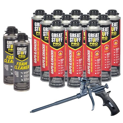 Great Stuff Pro Gaps & Cracks 24 oz Complete Kit – 12-Pack Foam Sealant with AWF PRO 8 in PTFE Coated Professional Spray Foam Gun & 2 Cans of Great Stuff Pro Cleaner - style: 8 in Pro PTFE Coated Gun