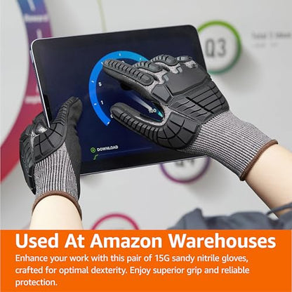 Amazon Basics Impact Protection Work Gloves, Cut Level A2, ANSI Level 4 Abrasion, Touchscreen Compatible, 15G Sandy Nitrile Palm, X-Large, Black with Brown Edge - size: X-Large