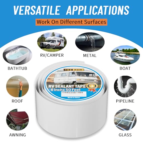 RV Roof Tape White,6 Inch X 50 Feet RV Sealant Tape with Rubber Roller,Camper Roofing Repair Sealant Tape, Waterproof Leak Tape for RV Repair,UV Resistant, Weatherproof, for Boat Sealing, Camper - size: 6 Inch X 50 Feet (Tape with Rubber Roller)