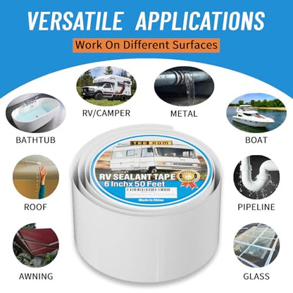 RV Roof Tape White,6 Inch X 50 Feet RV Sealant Tape with Rubber Roller,Camper Roofing Repair Sealant Tape, Waterproof Leak Tape for RV Repair,UV Resistant, Weatherproof, for Boat Sealing, Camper - size: 6 Inch X 50 Feet (Tape with Rubber Roller)