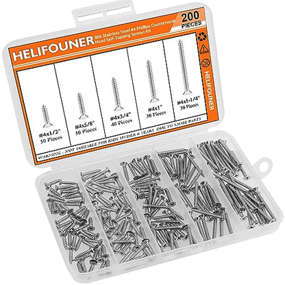#4 x 1/2" 5/8" 3/4" 1" 1-1/4" Wood Screws Set, HELIFOUNER 200 Pieces Phillips Countersunk Head Self-Tapping Screws Assortment Kit, Phillips Flat Head Wood Screws, 304 Stainless Steel - size: #4