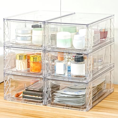 Plastic Drawers Storage, 6Pack Clear Stackable Storage Drawers, Acrylic Storage Bins with Drawers for Fridge Organizers, PlasticDrawers Stackable for Makeup Organizers Cosmetic Display, Medium - size: 6Pack Medium