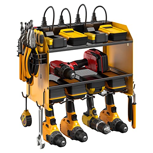 CCCEI Modular Power Tool Organizer Wall Mount with Charging Station. Garage Drill Storage Shelf with Hooks, Heavy Duty Rack, Tool Battery Holder Built in 8 Outlet. Gift for Men. Yellow, 1 Pack. - color: B_Yellow