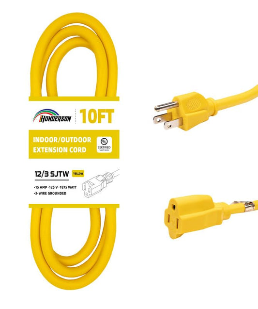 Indoor Outdoor Extension Cord Weatherproof, UL Certified, 12 Gauge 10FT Yellow 3 Prong Heavy Duty, 12/3 SJTW 15A Power Cord for Outdoor Lights, Appliances, Lawn - color: Yellow, size: 10FT, style: 12/3
