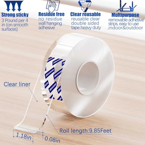 ZMUAXUAN Strong Nano Double Sided Tape Heavy Duty Mounting,Clear Removable Wall Sticky Adhesive Strips,Reusable Thick Gel Grip for Hanging Picture,Poster,Carpet,Photo
