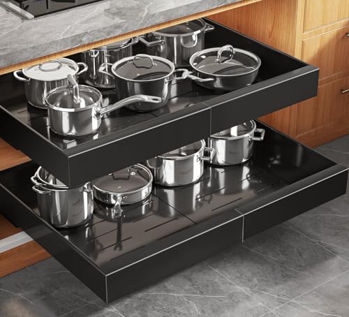 Seinloes 2 Pack Expandable (15.1"-26.3") Pull Out Cabinet Organizer 21" Deep With Raising Pad for Framed Cabinets,Upgrade 3 Slide Rails Slide Out Drawers,No Drill Roll Out Shelves Adhesive,Black - color: Black, size: 21"d X 15.1"-26.3"w(2pack)