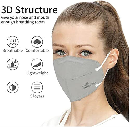 LEMENT 50PCS KN95 Face Mask 5 Layer Cup Dust Safety Masks Breathable Elastic Ear Loops Grey Masks - color: Adult-50 Pack-grey