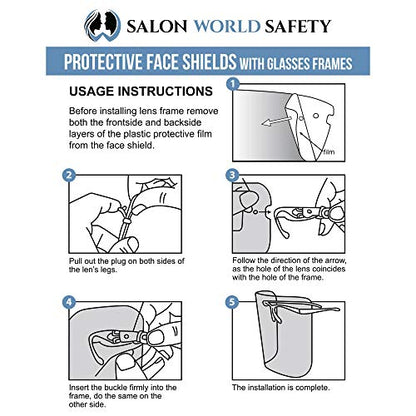 TCP Global Salon World Safety Face Shields with All Clear Glasses Frames (Pack of 4) - Ultra Clear Protective Full Face Shields to Protect Eyes, Nose, Mouth - Anti-Fog PET Plastic, Goggles