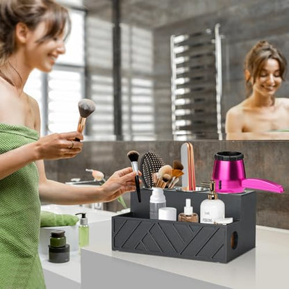 Unistyle Hair Tool Organizer, Wall Mounted, Bathroom Countertop, Vanity Organizer, Black, Wooden, Rectangular, Rustic, Art, 7.1 x 5.3 x 5.3 Inches, Paulownia Wood & Stainless Steel, 1.87 Pounds - color: Carving-Black