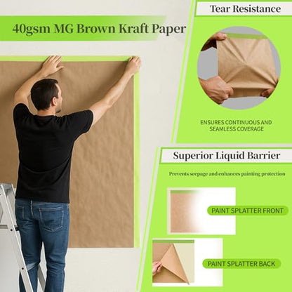 Pre-Taped Masking Paper for Painting 12 inch x 50 Feet, Tape and Drape Adhesive Painters Paper Roll for Walls, Trim, Baseboards, Cars, Auto Body and Furniture (1 Roll)