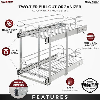 Rev-A-Shelf 2-Tier Kitchen Cabinet Pullout Shelf and Drawer Organizer Slide Out Pantry Storage Basket in Multiple Sizes, 12 x 22 In, 5WB2-1222CR-1 - size: 12" W X 22"d, style: Two Tier
