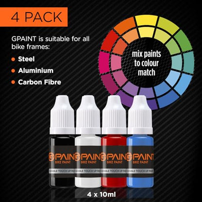 Bike Paint - Touch-Up Paint Kit for Scratched or Chipped Frames - 4 Pack of 10ml Bottles - Black/White/Red/Cyan. Mix to Color Match. Includes Applicator Brush, Durable, Permanent & Tough