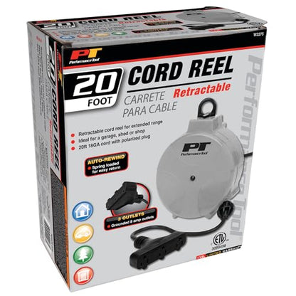 Performance Tool W2275 20' 18GA Retractable Cord Reel with Spring Loaded Auto-Rewind - size: 20 Feet