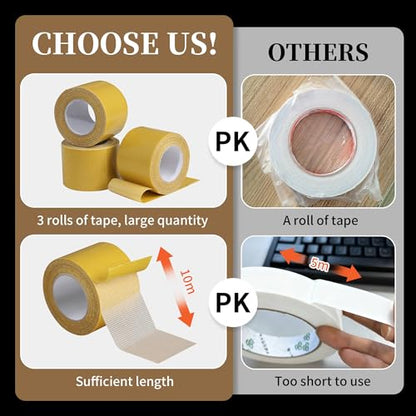 3 Rolls Tearable Double Sided Tape - 2”x 33 Ft Per Roll Heavy-Duty Removable Adhesive No-Scissors Hand-Tear Design Strong Hold No Residue Waterproof Multipurpose Mounting Tape for Carpets Photo Walls
