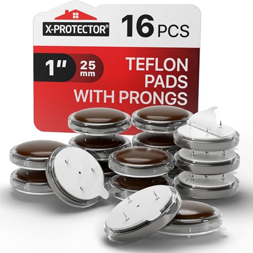 X-Protector Chair Glides - 16 PCS 1" - Premium Furniture Glides with Prongs - Brown Chair Leg Floor Protectors - Slide Objects Effortlessly with Furniture Sliders for Hardwood Floors! - size: 1in (TEFLON, 16 PCS)