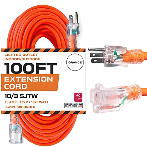 Iron Forge Cable Lighted Outdoor Extension Cord 100 Ft - 10 Gauge Heavy Duty Extension Cord, 15 AMP, 10/3 Orange Power Cable SJTW Weatherproof 3 Prong - color: Orange, size: 100 Foot