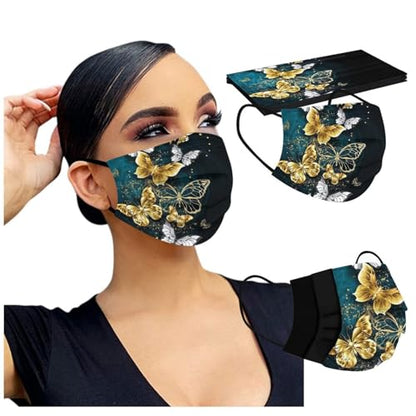 50 PCs Butterfly Disposable Face_Mask for Women,3 Ply Adults Black Butterfly_Mask With Floral Design Fashion Facemask Women Men
